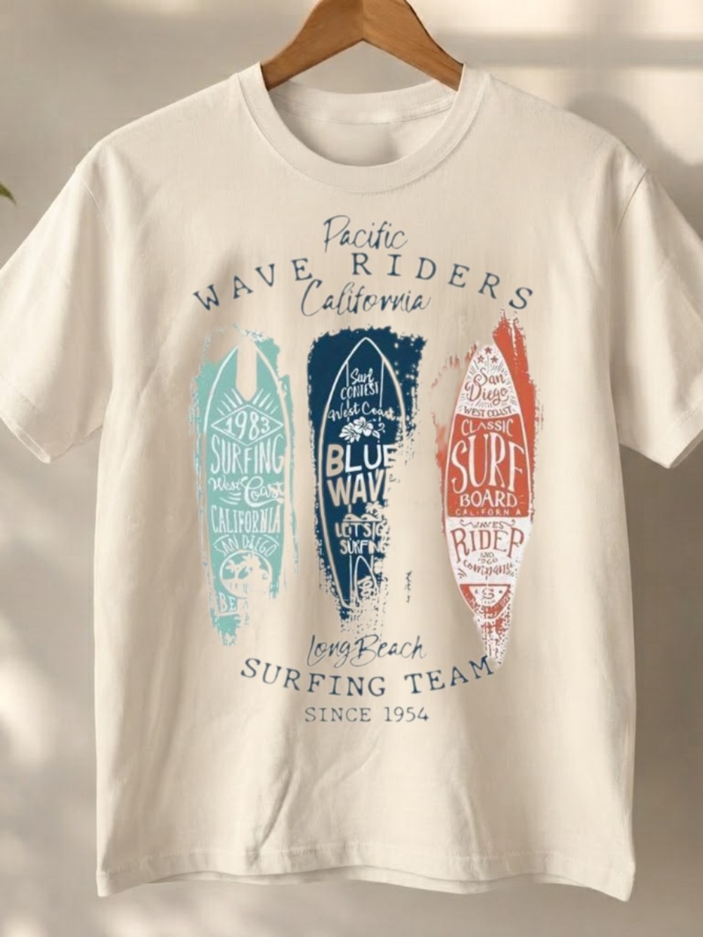 Gildan White Long Sleeve Tee with Blue, Teal and Coral Surf Graphic